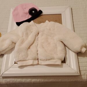 Cat & Jack Cream Faux Fur Jacket & Beanie Set - 6-9M